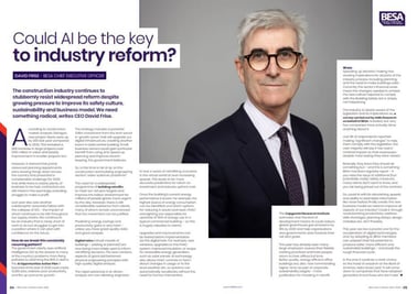 Double-page spread from BESA Year in Review 2024–2025 featuring CEO David Frise and his article titled ‘Could AI be the key to industry reform?’