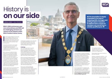 Feature page from BESA Year in Review 2024–2025 showing President Adrian Hurley with a headline 'History is on our side' and commentary on BESA’s 120th anniversary and future challenges.