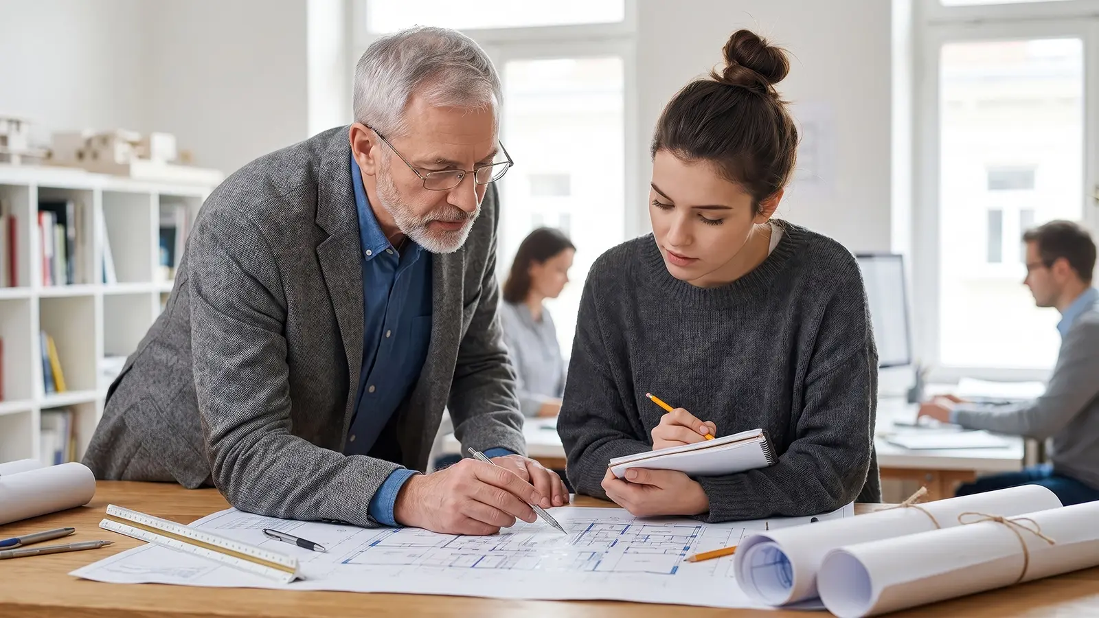 Experienced building services professional supporting a younger employee with technical drawings and training