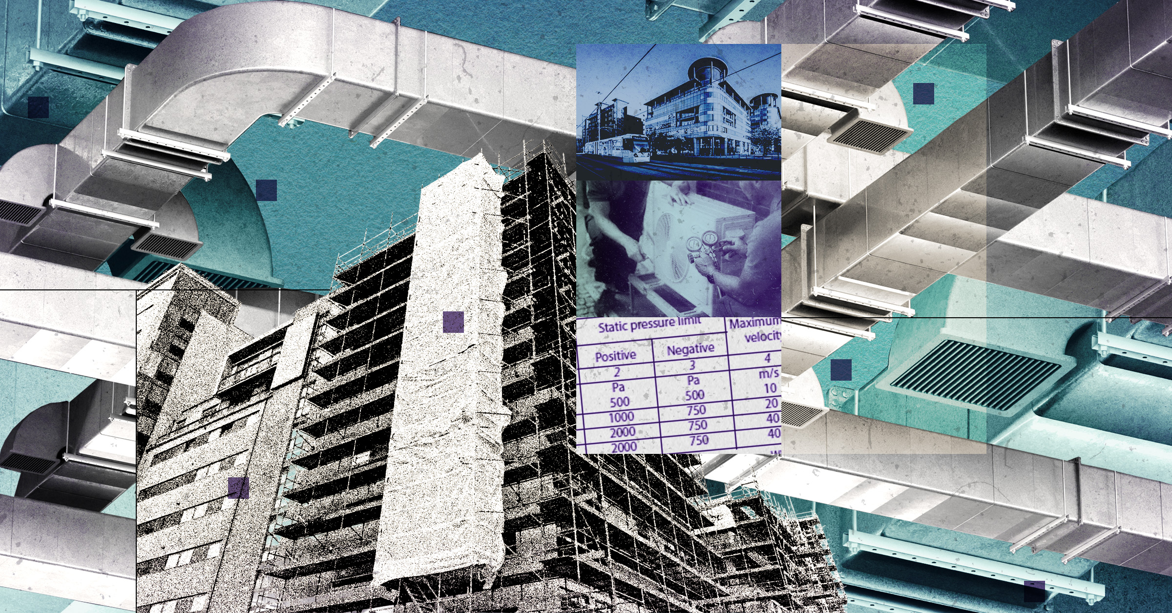 A montage illustrating setting up duct leakage test equipment