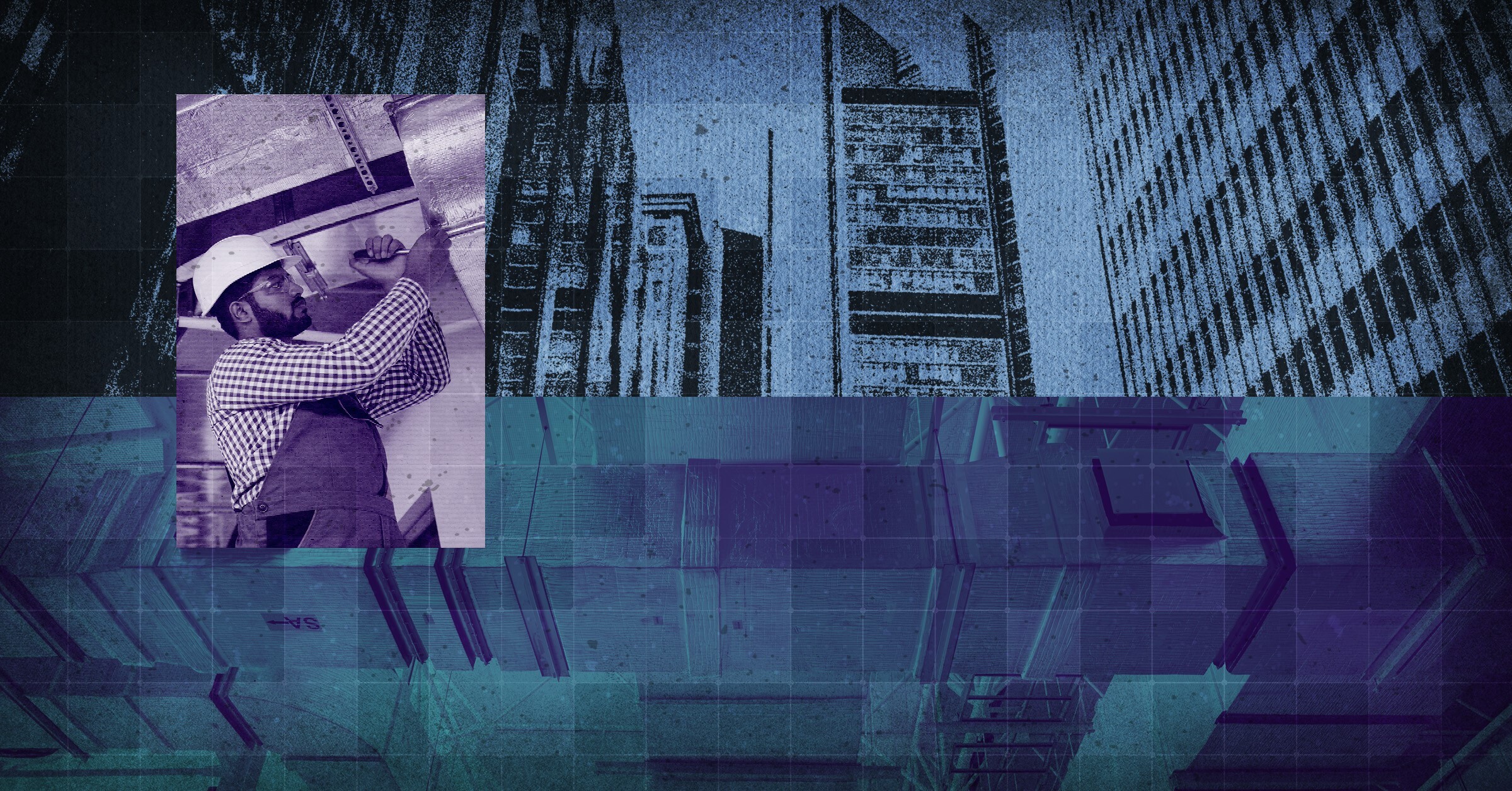 Collage of HVAC technician installing rectangular sheet metal ductwork in a ceiling system.